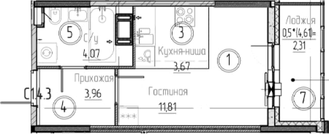 . Вариант № 2009256, 0, площадь - 23.51 квм, цена 4490897 рублей