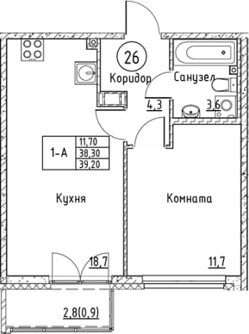 . Вариант № 2393237, 0, площадь - 38.3 квм, цена 9787914 рублей
