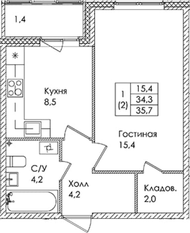 . Вариант № 1821971, 0, площадь - 34.3 квм, цена 5757000 рублей