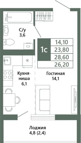 . Вариант № 1729647, 1, площадь - 26.2 квм, цена 4490000 рублей