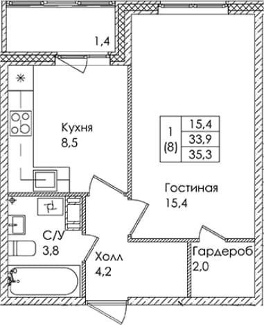 . Вариант № 1821988, 0, площадь - 33.9 квм, цена 5022300 рублей