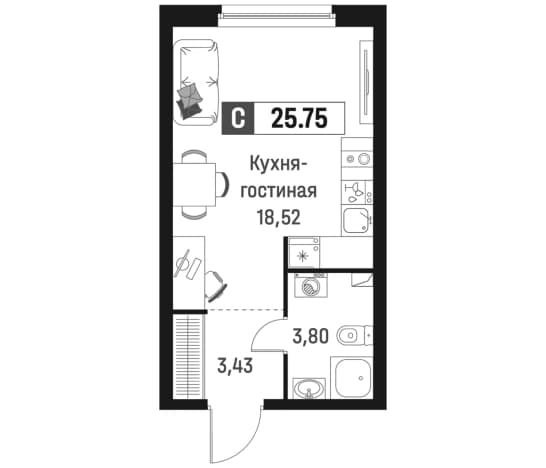 . Вариант № 1834885, 0, площадь - 25.75 квм, цена 5406525 рублей