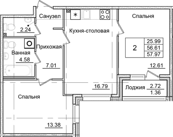 . Вариант № 1826741, 0, площадь - 56.61 квм, цена 9565050 рублей