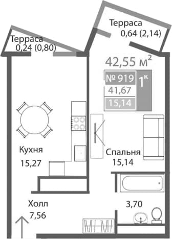 . Вариант № 2125673, 0, площадь - 39.61 квм, цена 7406679 рублей