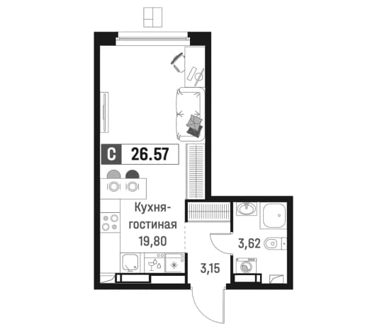 . Вариант № 1835435, 0, площадь - 26.57 квм, цена 6358405 рублей