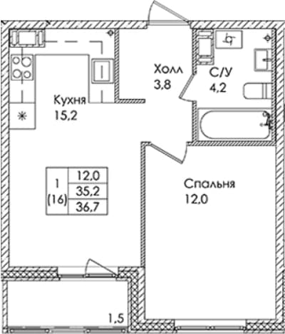 . Вариант № 1822077, 0, площадь - 35.2 квм, цена 5366500 рублей