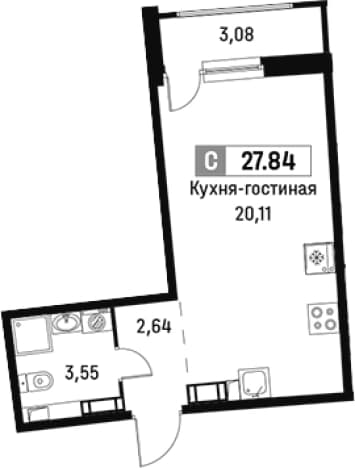 . Вариант № 1813431, 0, площадь - 26.3 квм, цена 5957950 рублей