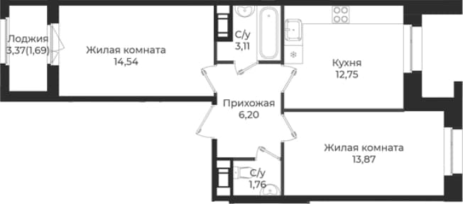 . Вариант № 1839296, 0, площадь - 52.23 квм, цена 8735040 рублей