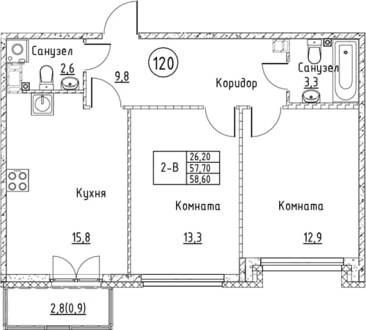 . Вариант № 2393250, 0, площадь - 57.7 квм, цена 13276524 рублей