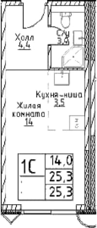 . Вариант № 348549, 0, площадь - 25.3 квм, цена 13864400 рублей