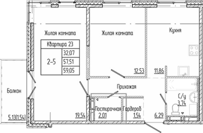 . Вариант № 1905792, 0, площадь - 57.51 квм, цена 9329900 рублей