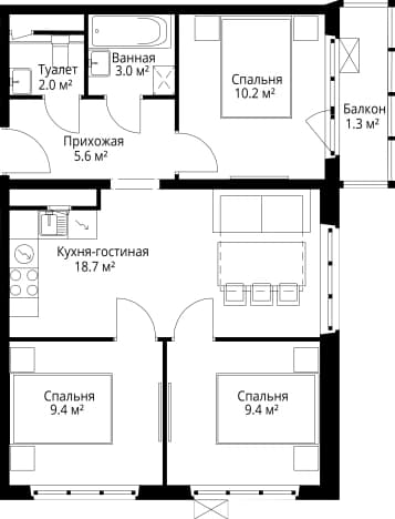 . Вариант № 2096953, 0, площадь - 59.6 квм, цена 15580036 рублей