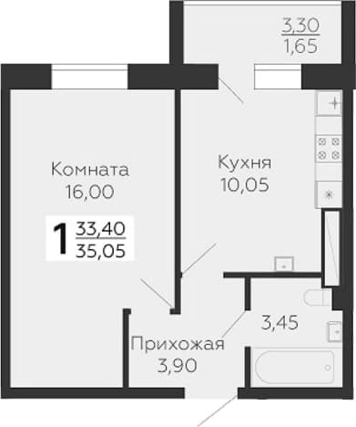 . Вариант № 1833425, 0, площадь - 33.4 квм, цена 5842835 рублей