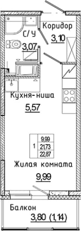 . Вариант № 1814600, 0, площадь - 21.73 квм, цена 4596954 рублей