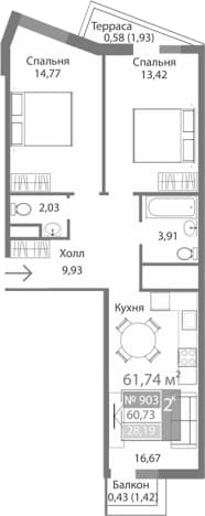 . Вариант № 2125438, 0, площадь - 60.73 квм, цена 8828820 рублей