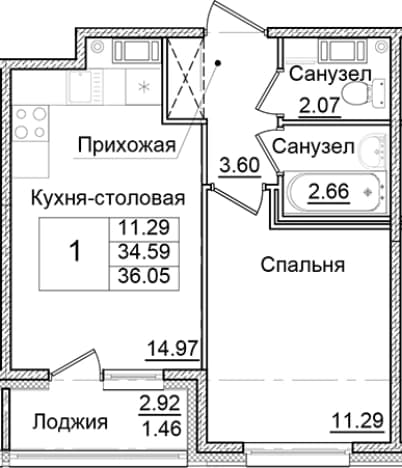 . Вариант № 2007812, 0, площадь - 34.59 квм, цена 6657755 рублей