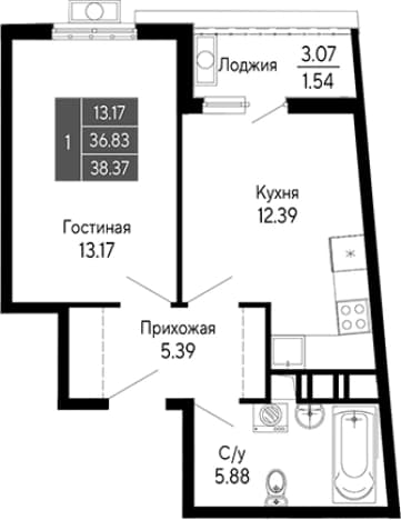 . Вариант № 2112014, 0, площадь - 36.83 квм, цена 9976200 рублей