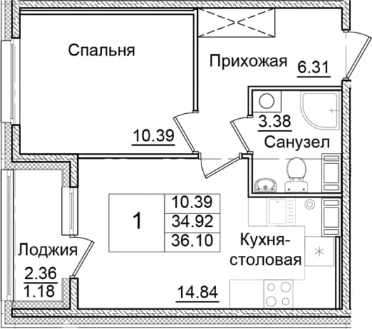 . Вариант № 2261418, 0, площадь - 34.92 квм, цена 7082530 рублей