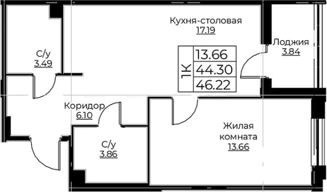 . Вариант № 1871481, 0, площадь - 44.3 квм, цена 9125681 рублей