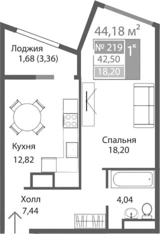 . Вариант № 2125644, 0, площадь - 42.5 квм, цена 7644907 рублей