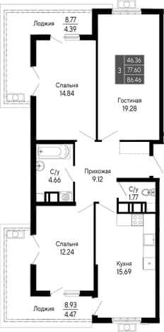 . Вариант № 2112193, 0, площадь - 77.6 квм, цена 15562800 рублей