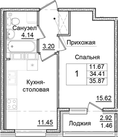 . Вариант № 2007800, 0, площадь - 34.41 квм, цена 6558924 рублей