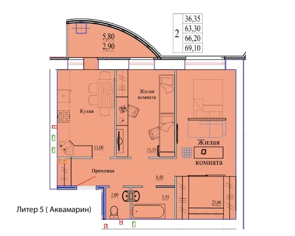 . Вариант № 2067689, 0, площадь - 69.1 квм, цена 6820000 рублей