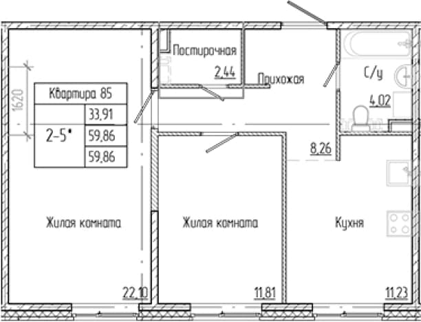 . Вариант № 1905863, 0, площадь - 59.86 квм, цена 10140284 рублей