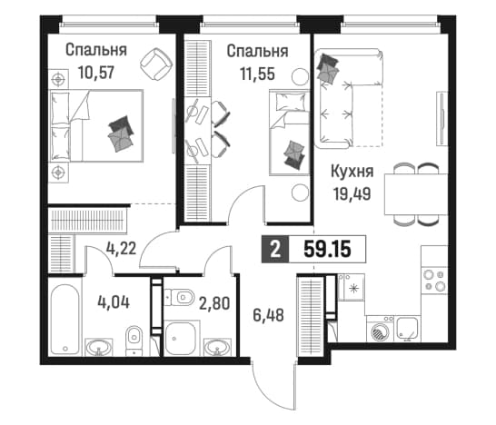 . Вариант № 1835412, 0, площадь - 59.15 квм, цена 11673038 рублей