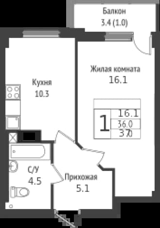 . Вариант № 2035288, 0, площадь - 38.1 квм, цена 5928000 рублей