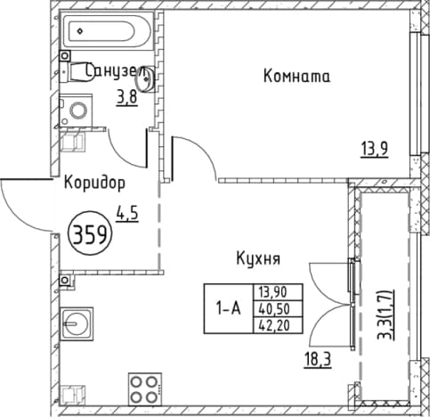 . Вариант № 1830926, 0, площадь - 40.5 квм, цена 8820016 рублей