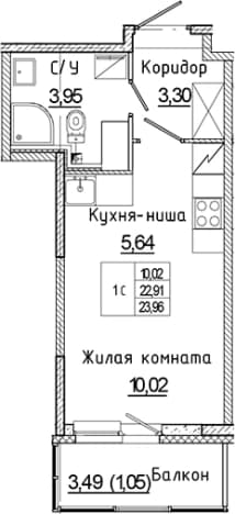 . Вариант № 1814678, 0, площадь - 22.91 квм, цена 4699107 рублей