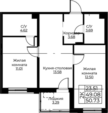 . Вариант № 1871090, 0, площадь - 49.08 квм, цена 9608211 рублей