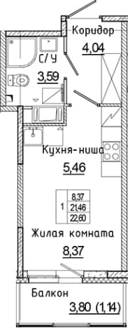 . Вариант № 1814659, 0, площадь - 21.46 квм, цена 4573837 рублей