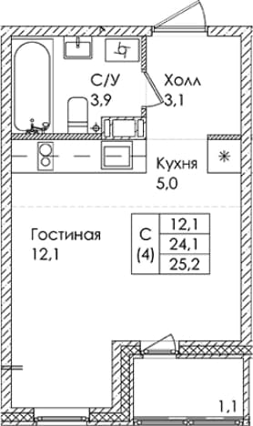 . Вариант № 1821987, 0, площадь - 24.1 квм, цена 3875400 рублей