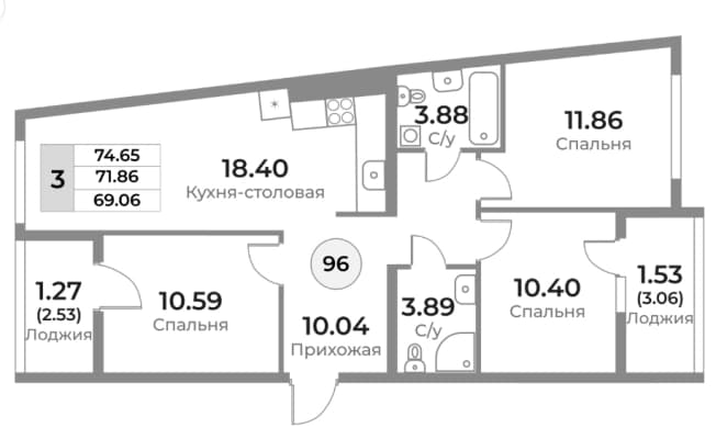 . Вариант № 2385112, 0, площадь - 71.86 квм, цена 11138300 рублей