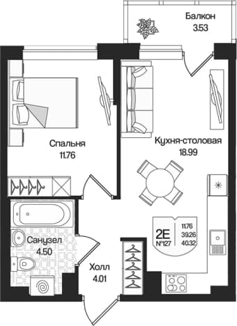 . Вариант № 1848664, 0, площадь - 39.26 квм, цена 9769764 рублей
