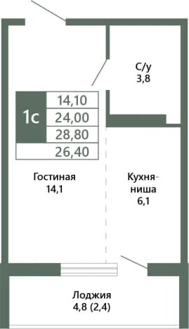 . Вариант № 1729628, 0, площадь - 26.4 квм, цена 4520000 рублей