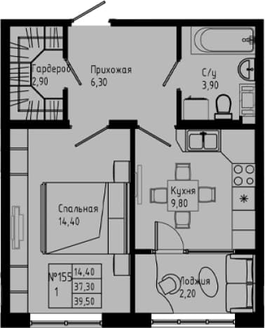 . Вариант № 1891692, 0, площадь - 37.3 квм, цена 4983116 рублей
