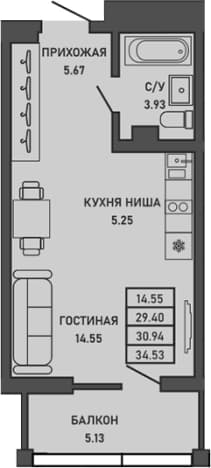 . Вариант № 2154427, 0, площадь - 29.4 квм, цена 11925424 рублей