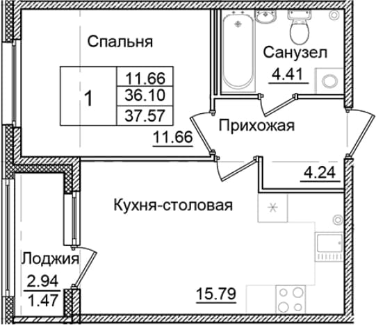. Вариант № 1910166, 0, площадь - 36.1 квм, цена 6735072 рублей
