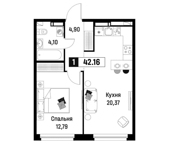 . Вариант № 1834950, 0, площадь - 42.16 квм, цена 8643077 рублей