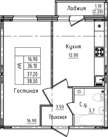 . Вариант № 2151716, 0, площадь - 36.1 квм, цена 7338607 рублей