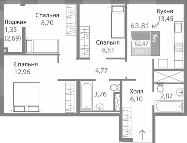 . Вариант № 2273983, 0, площадь - 61.12 квм, цена 9167704 рублей