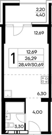 . Вариант № 2155147, 0, площадь - 28.49 квм, цена 10741500 рублей