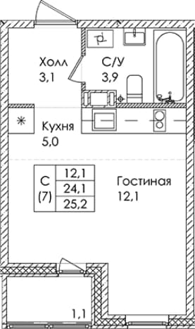 . Вариант № 1822052, 0, площадь - 24.1 квм, цена 3875400 рублей