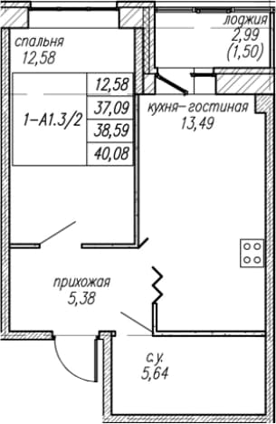 . Вариант № 2052606, 0, площадь - 37.09 квм, цена 6946200 рублей