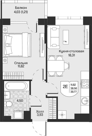 . Вариант № 1848573, 0, площадь - 38.56 квм, цена 9778426 рублей