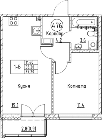 . Вариант № 1830909, 0, площадь - 38.3 квм, цена 9204009 рублей