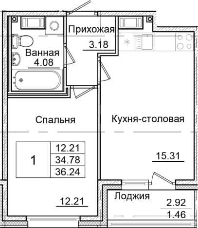 . Вариант № 1826672, 0, площадь - 34.78 квм, цена 7274224 рублей